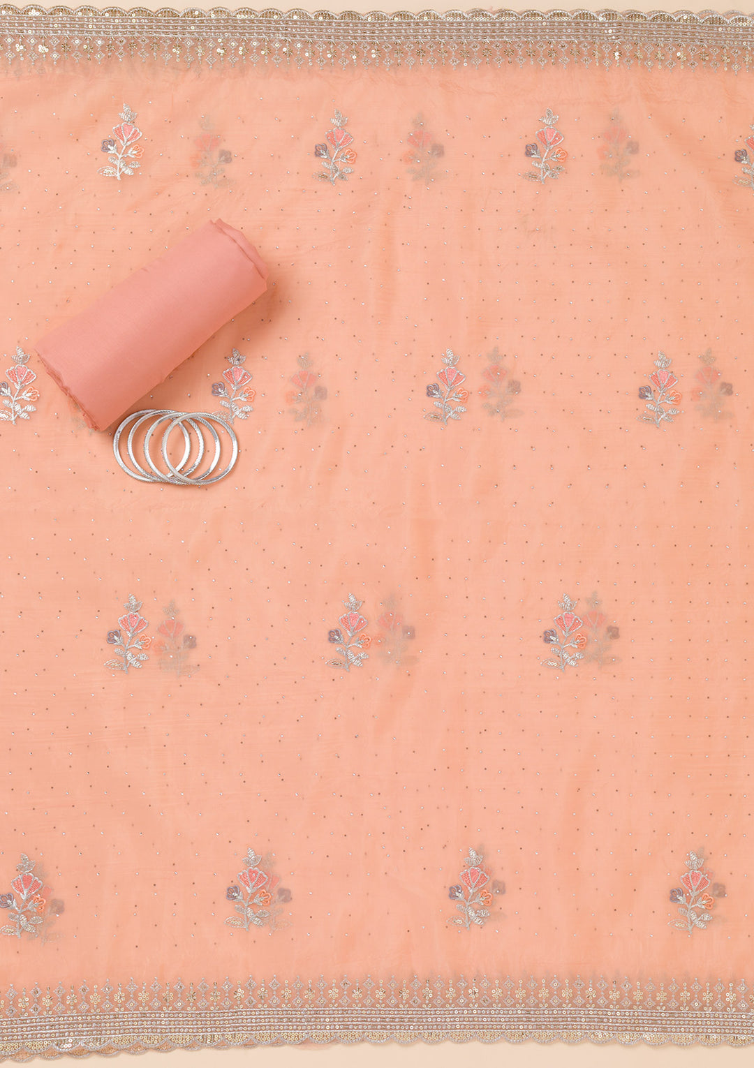Peach Zariwork Organza Unstitched Salwar Suit