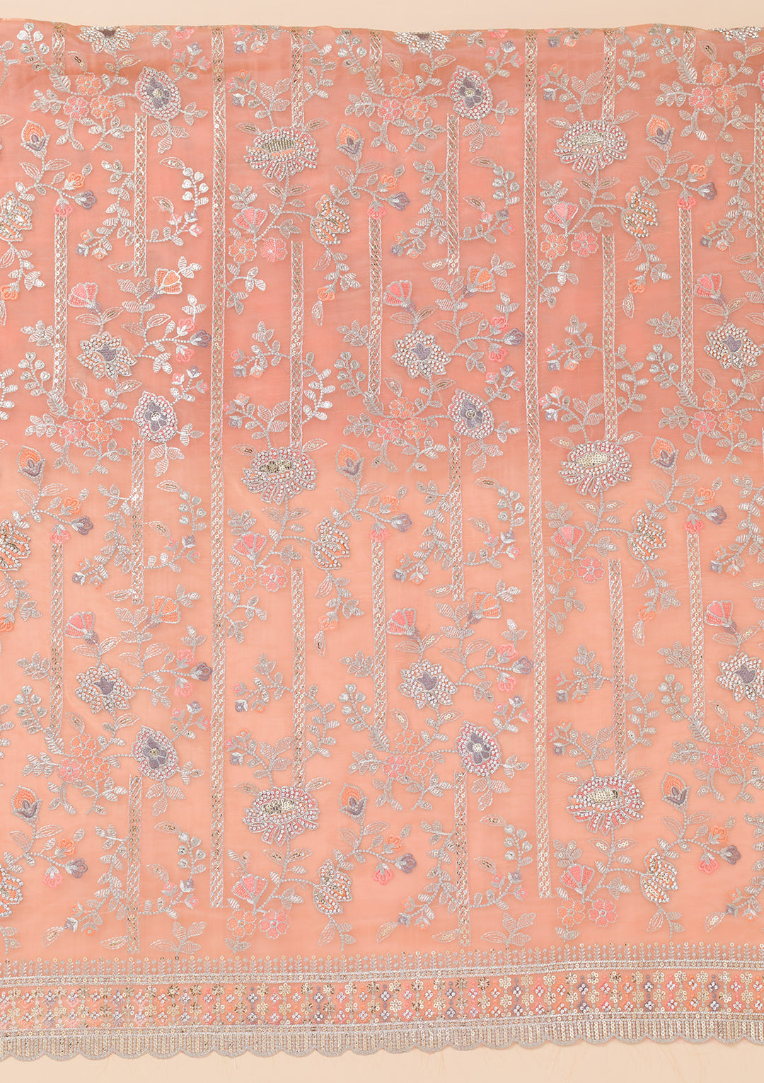 Peach Zariwork Organza Unstitched Salwar Suit