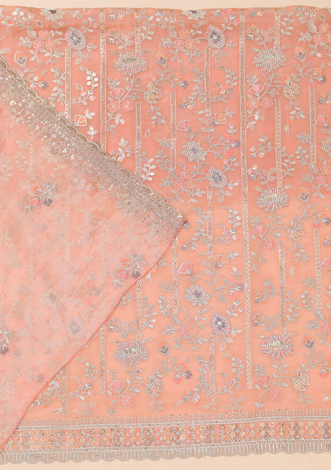 Peach Zariwork Organza Unstitched Salwar Suit