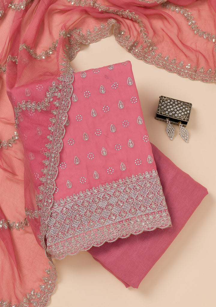 Peach Zariwork Organza Unstitched Salwar Suit