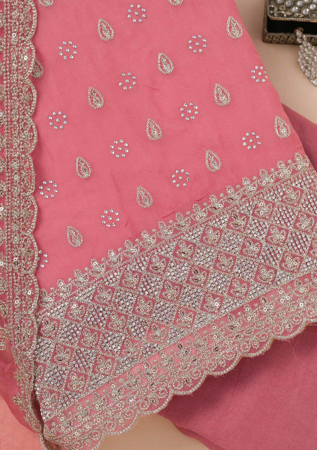 Peach Zariwork Organza Unstitched Salwar Suit
