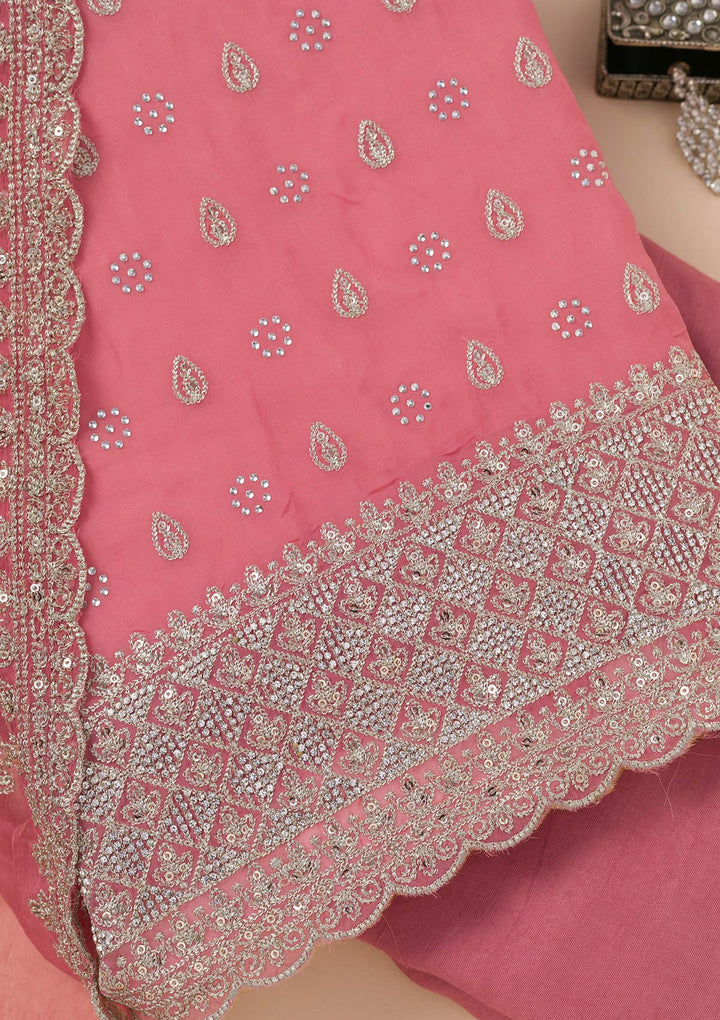 Peach Zariwork Organza Unstitched Salwar Suit