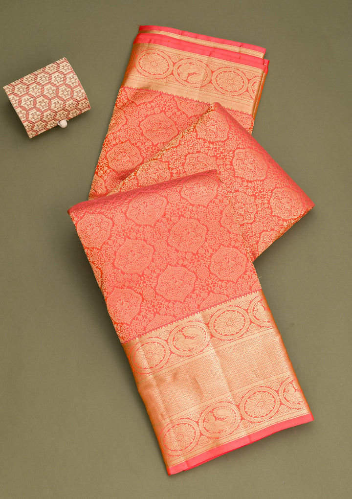 Peach Zariwork Banarasi Pure Silk Saree