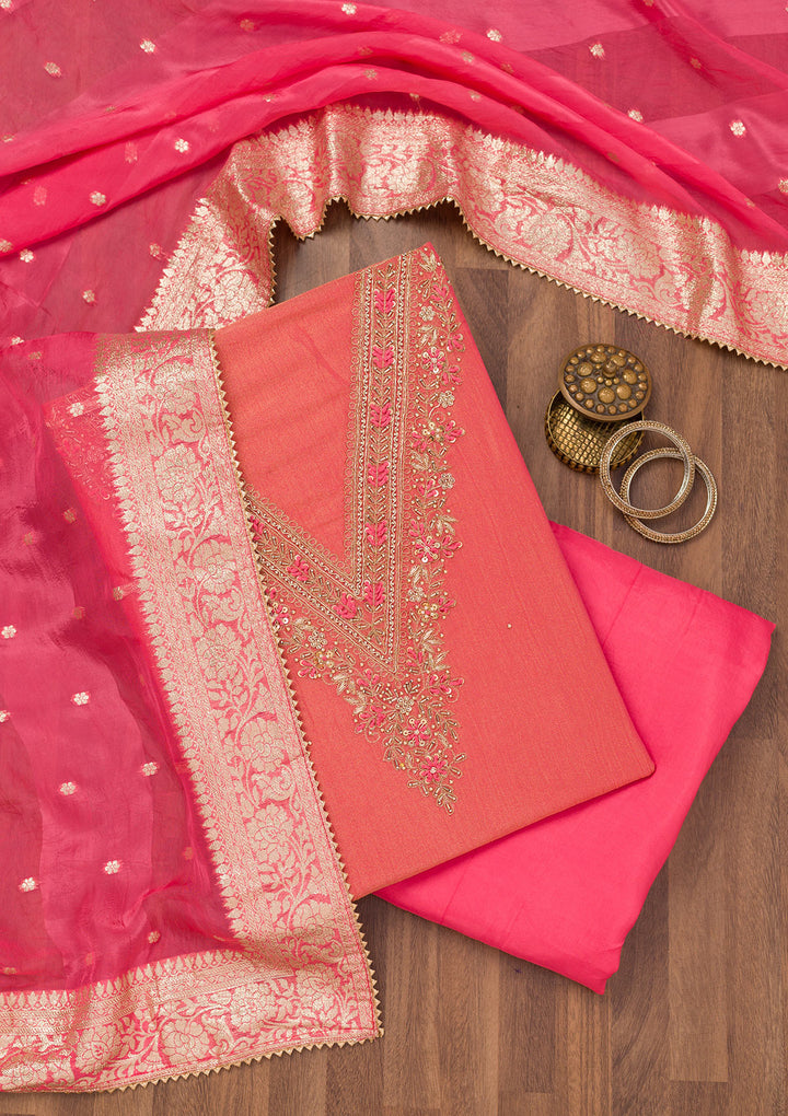 Peach Zariwork Raw Silk Unstitched Salwar Suit