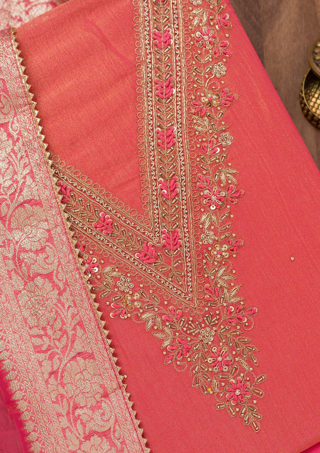 Peach Zariwork Raw Silk Unstitched Salwar Suit
