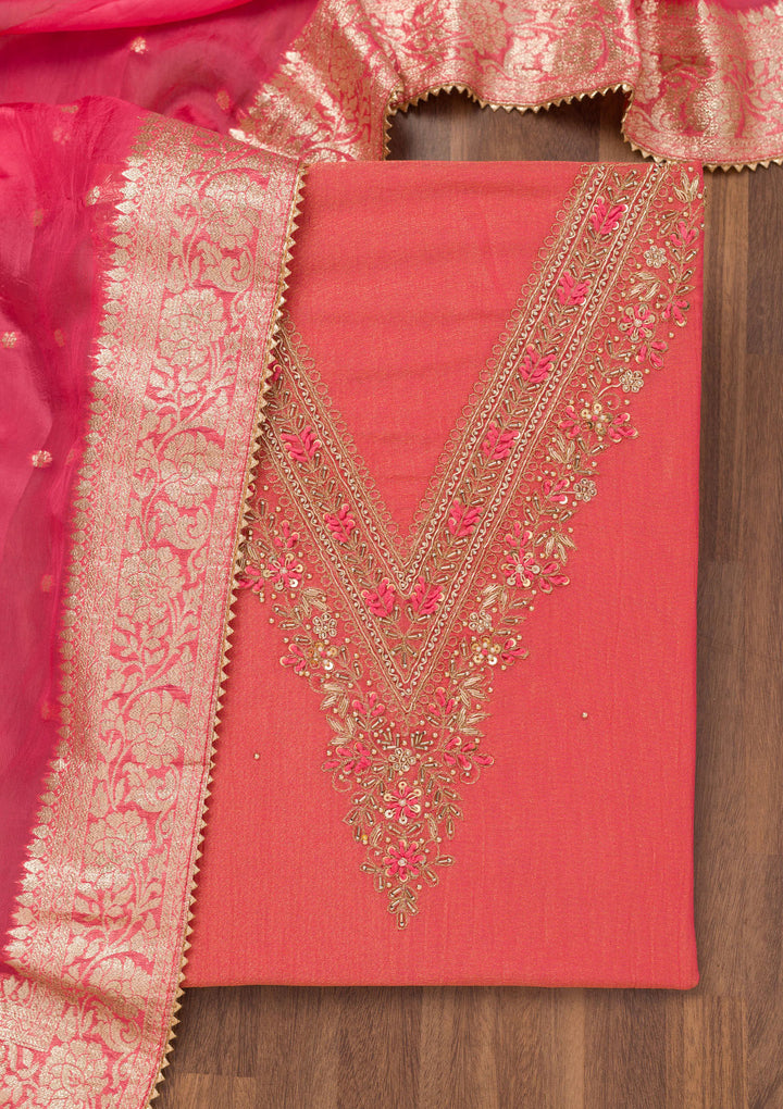 Peach Zariwork Raw Silk Unstitched Salwar Suit