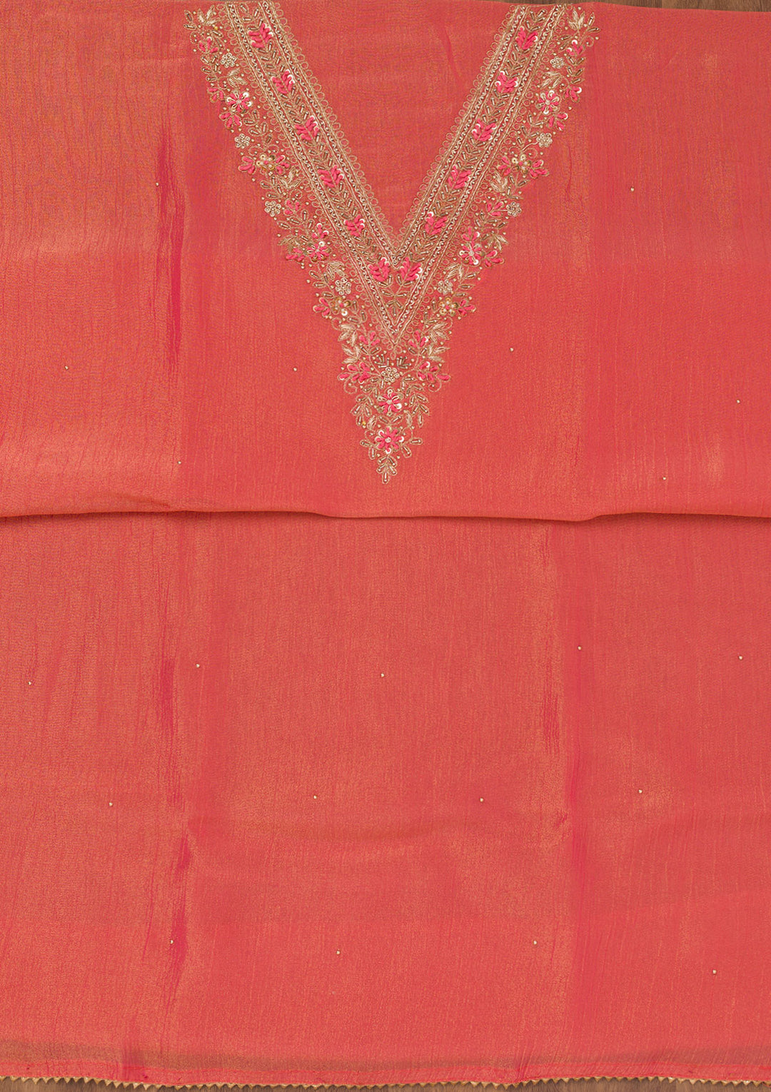 Peach Zariwork Raw Silk Unstitched Salwar Suit