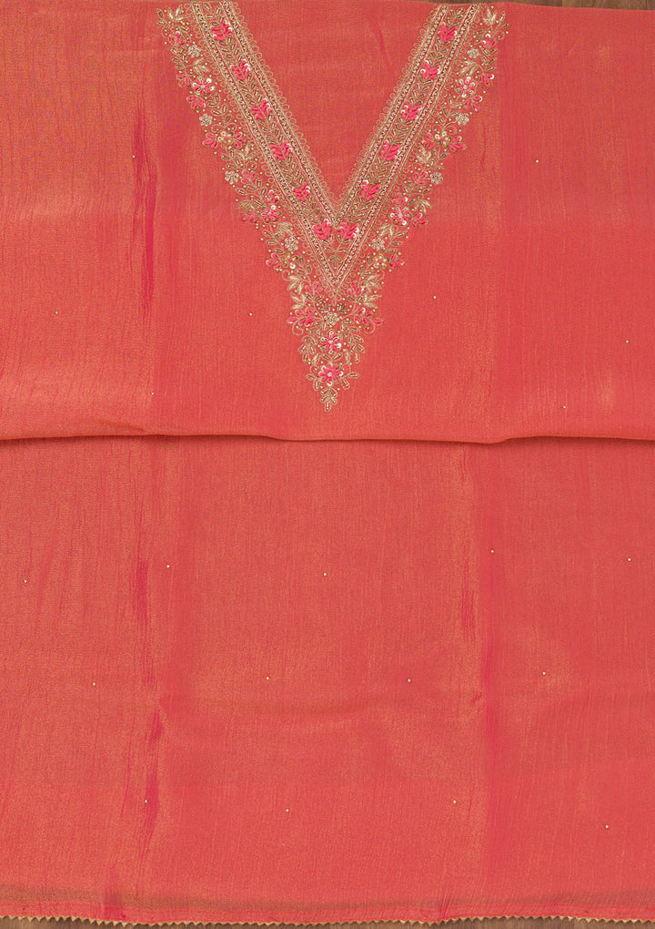 Peach Zariwork Raw Silk Unstitched Salwar Suit