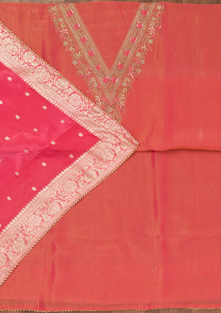 Peach Zariwork Raw Silk Unstitched Salwar Suit