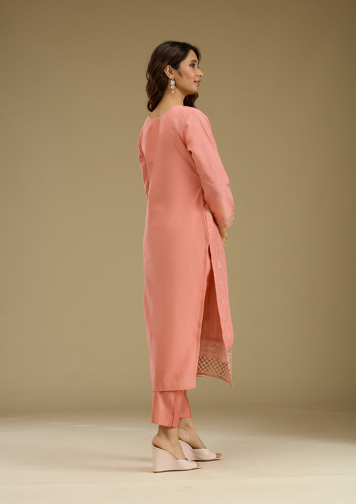 Peach Zariwork Semi Crepe Readymade Salwar Suit