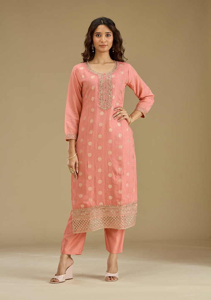 Peach Zariwork Semi Crepe Readymade Salwar Suit