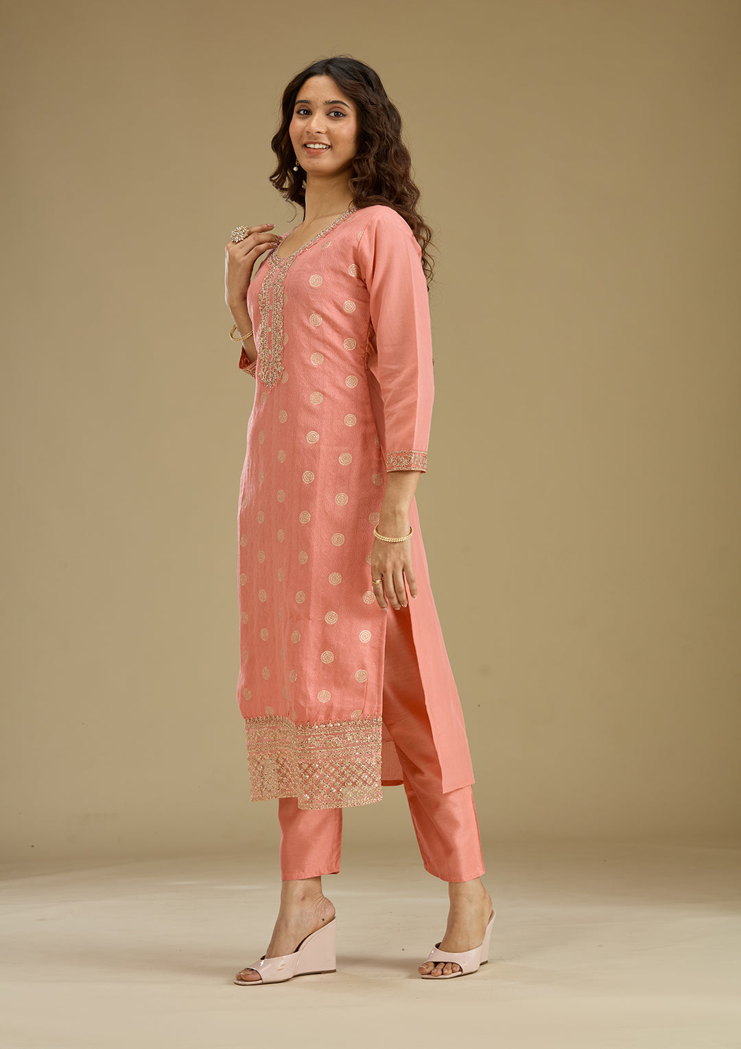 Peach Zariwork Semi Crepe Readymade Salwar Suit