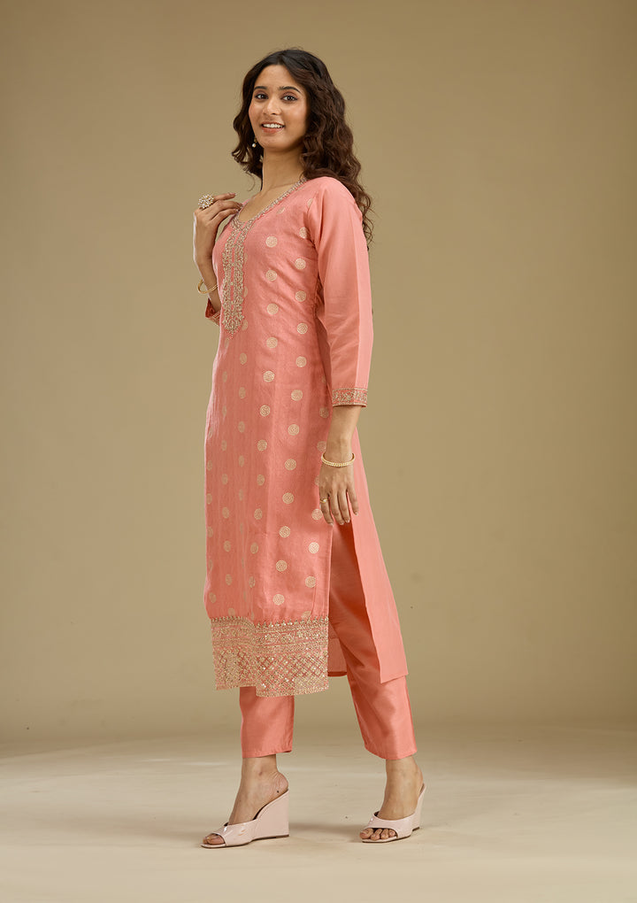 Peach Zariwork Semi Crepe Readymade Salwar Suit