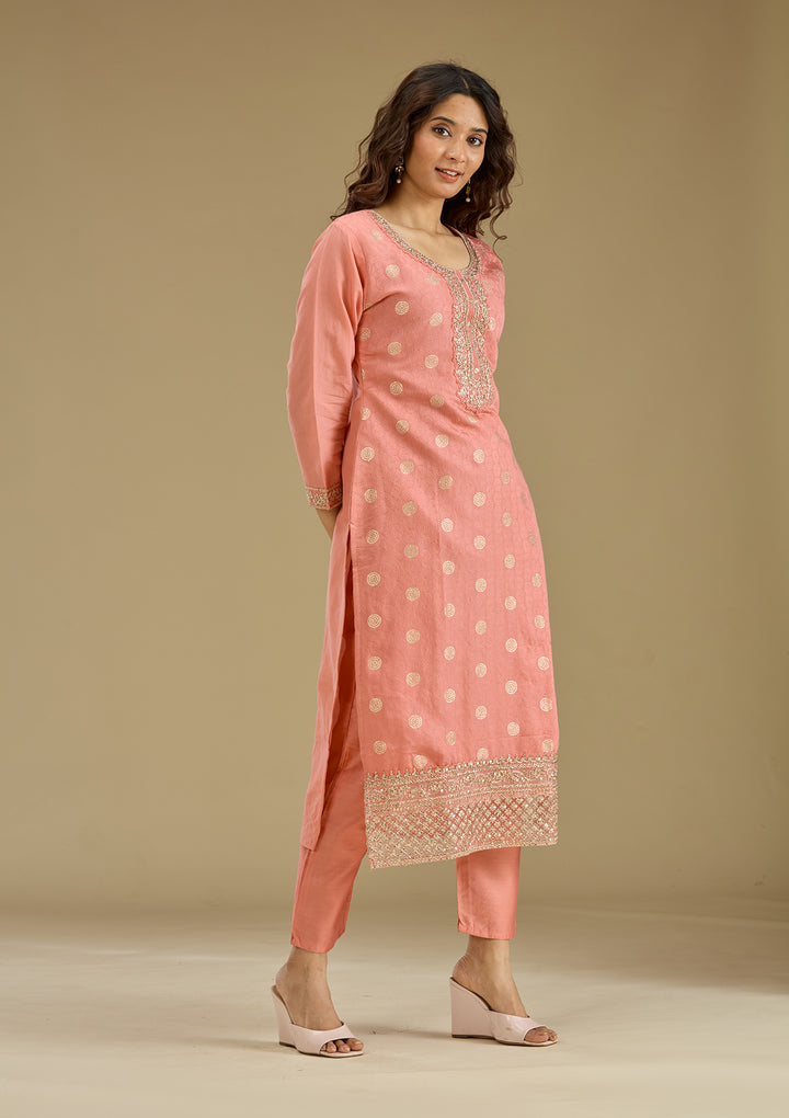 Peach Zariwork Semi Crepe Readymade Salwar Suit