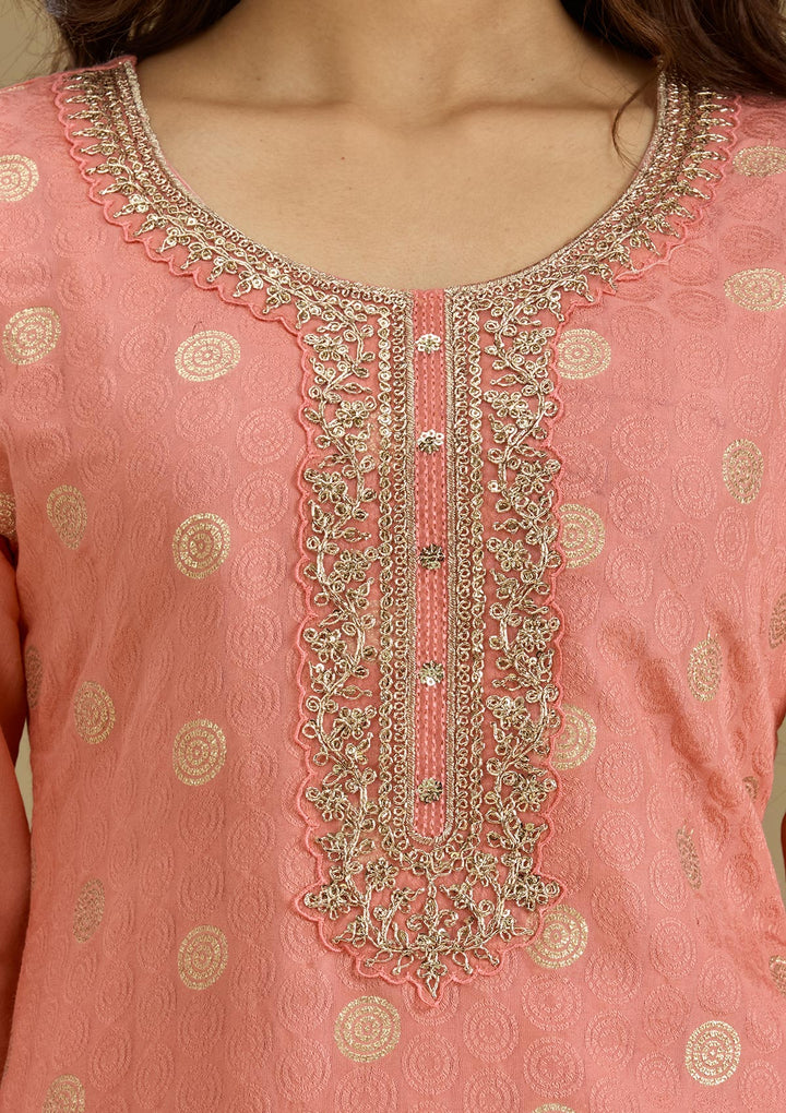 Peach Zariwork Semi Crepe Readymade Salwar Suit