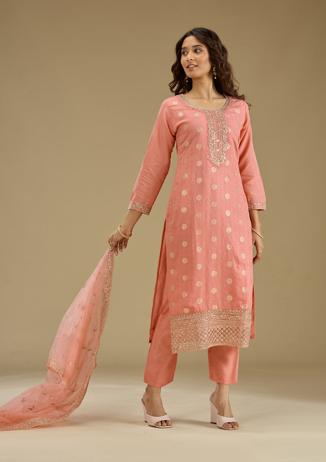Peach Zariwork Semi Crepe Readymade Salwar Suit
