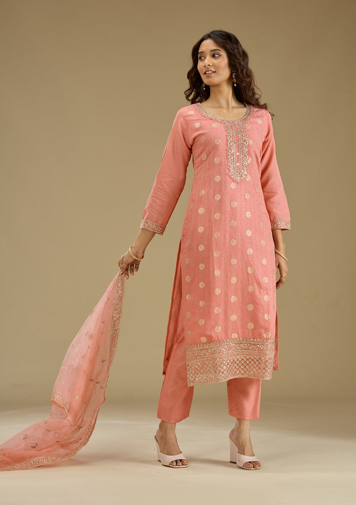 Peach Zariwork Semi Crepe Readymade Salwar Suit