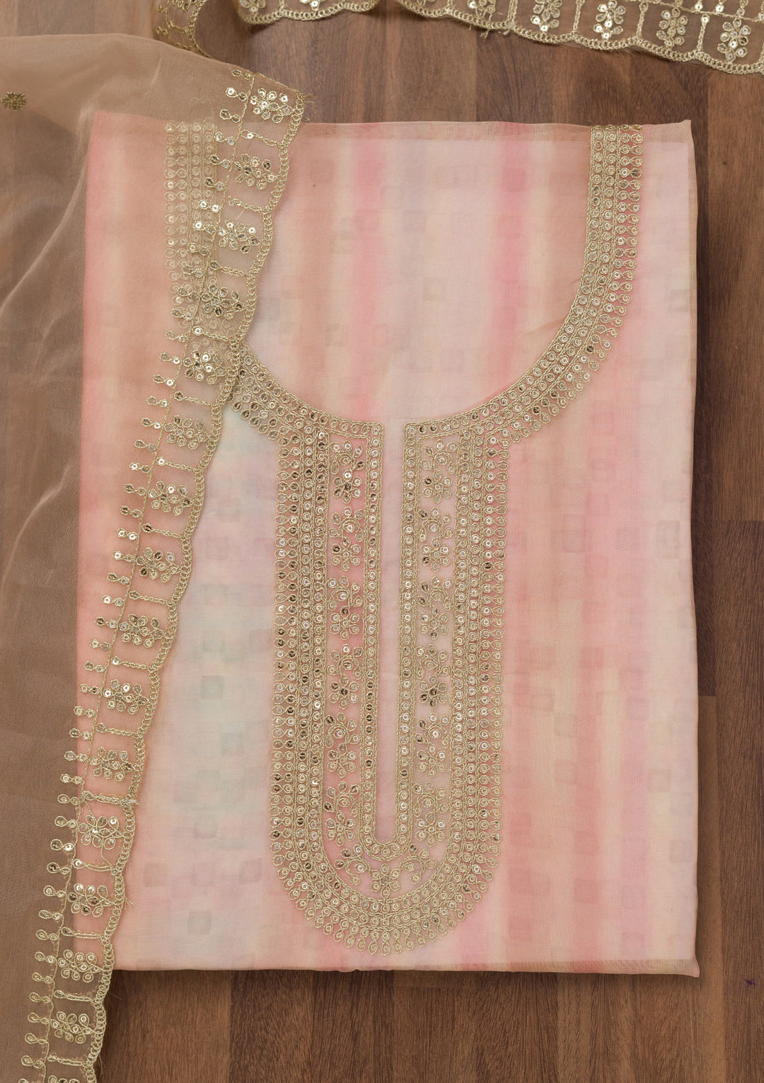 Peach Zariwork Semi Crepe Unstitched Salwar Suit