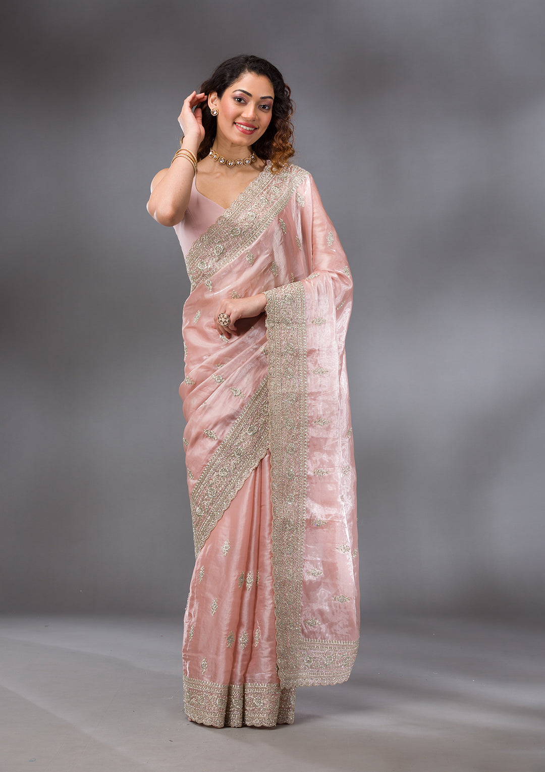 Peach Zariwork Semi Crepe Saree