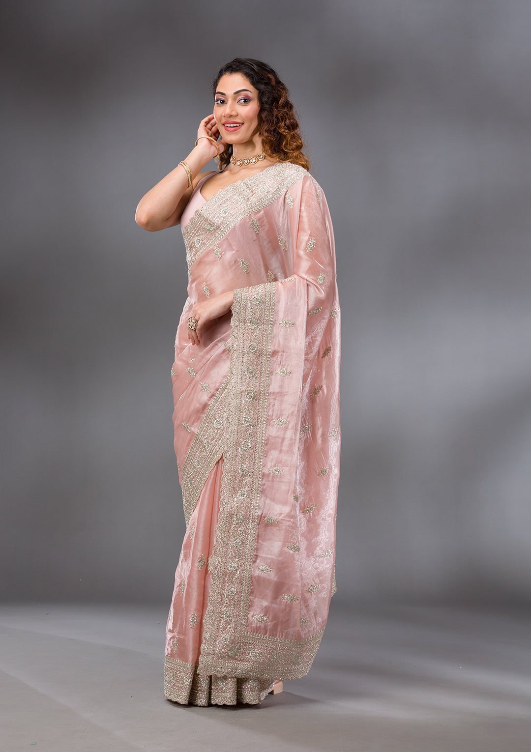 Peach Zariwork Semi Crepe Saree