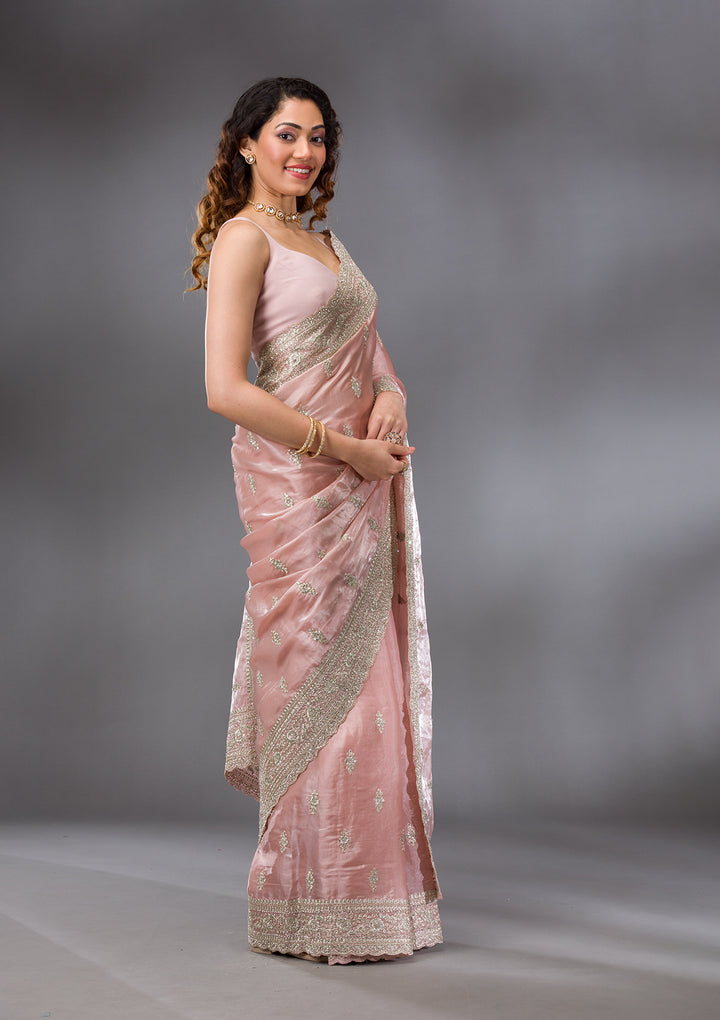 Peach Zariwork Semi Crepe Saree