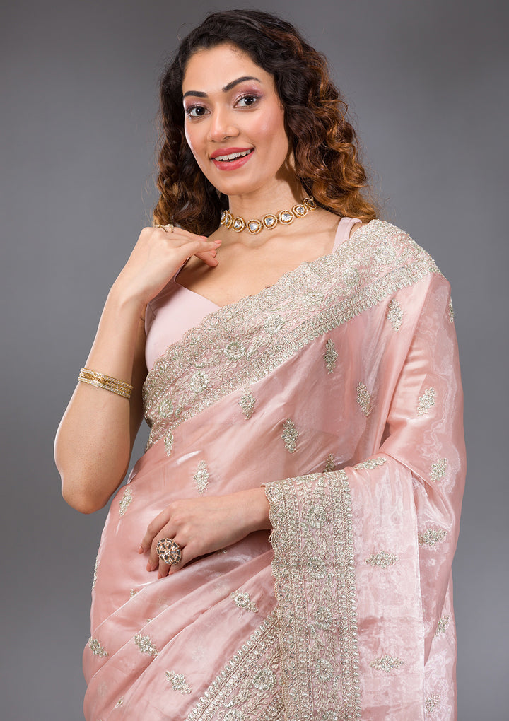 Peach Zariwork Semi Crepe Saree