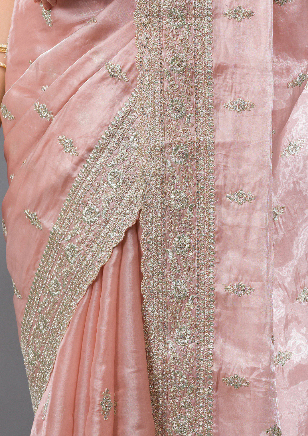 Peach Zariwork Semi Crepe Saree