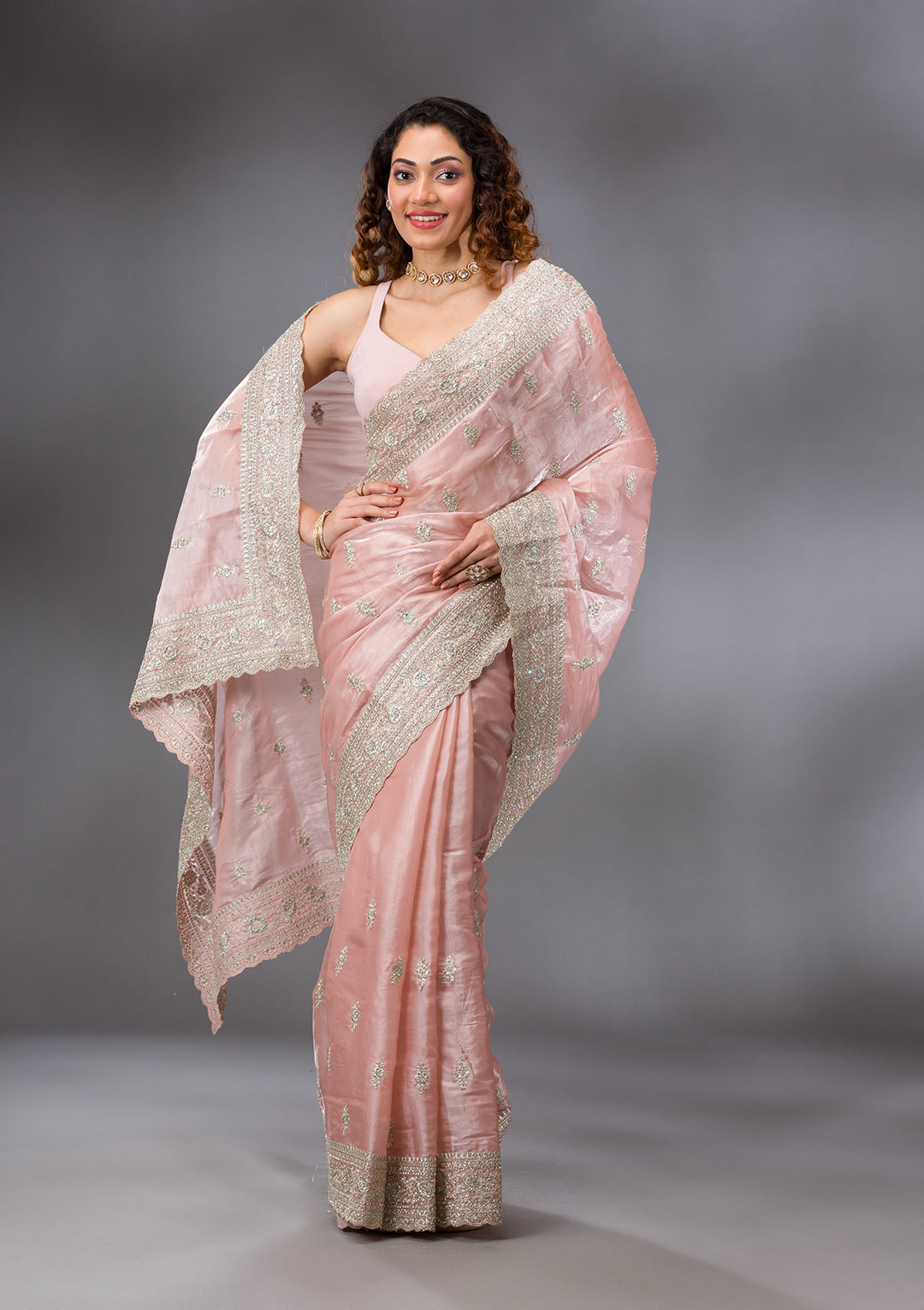 Peach Zariwork Semi Crepe Saree