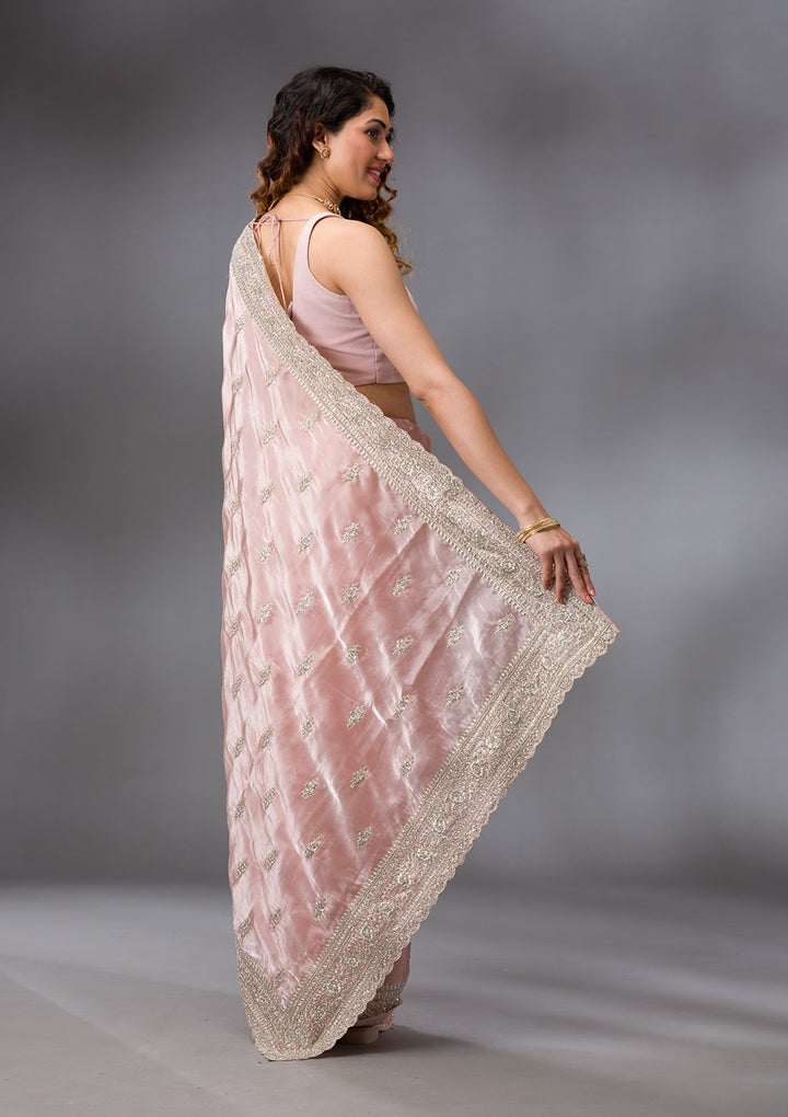 Peach Zariwork Semi Crepe Saree