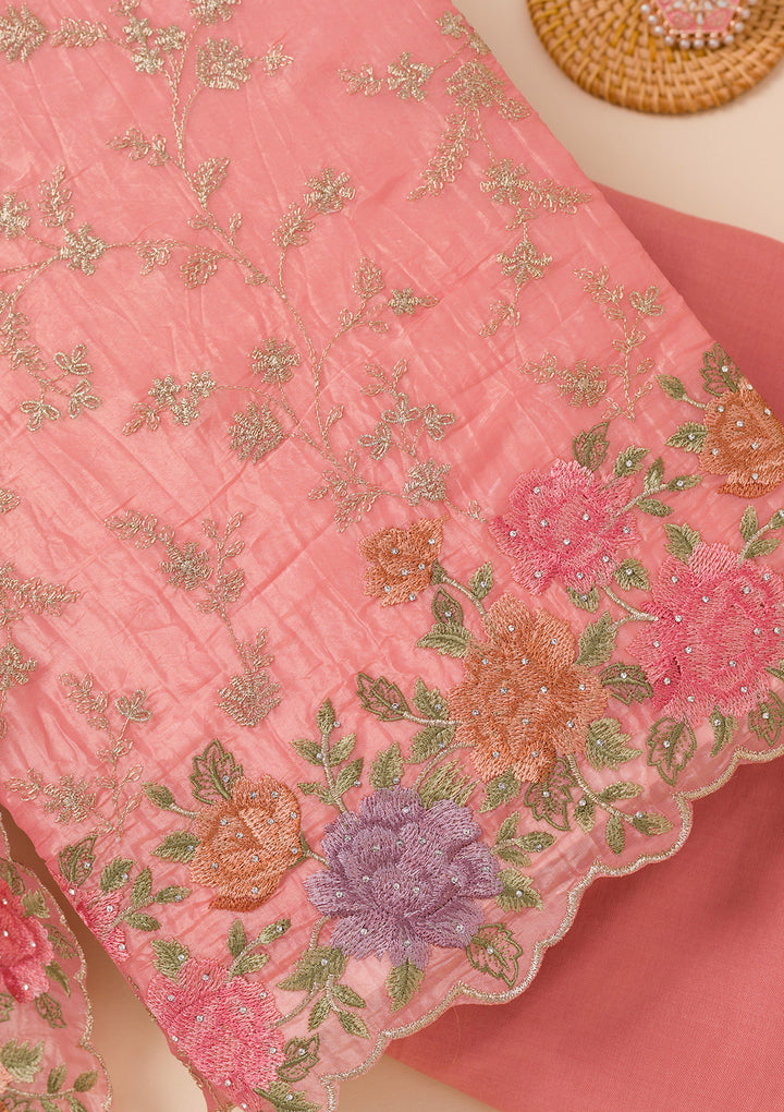 Peach Zariwork Semi Crepe Unstitched Salwar Suit