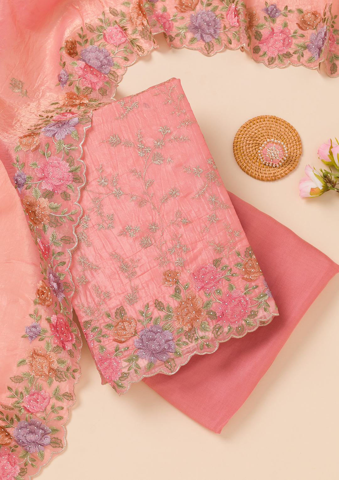 Peach Zariwork Semi Crepe Unstitched Salwar Suit