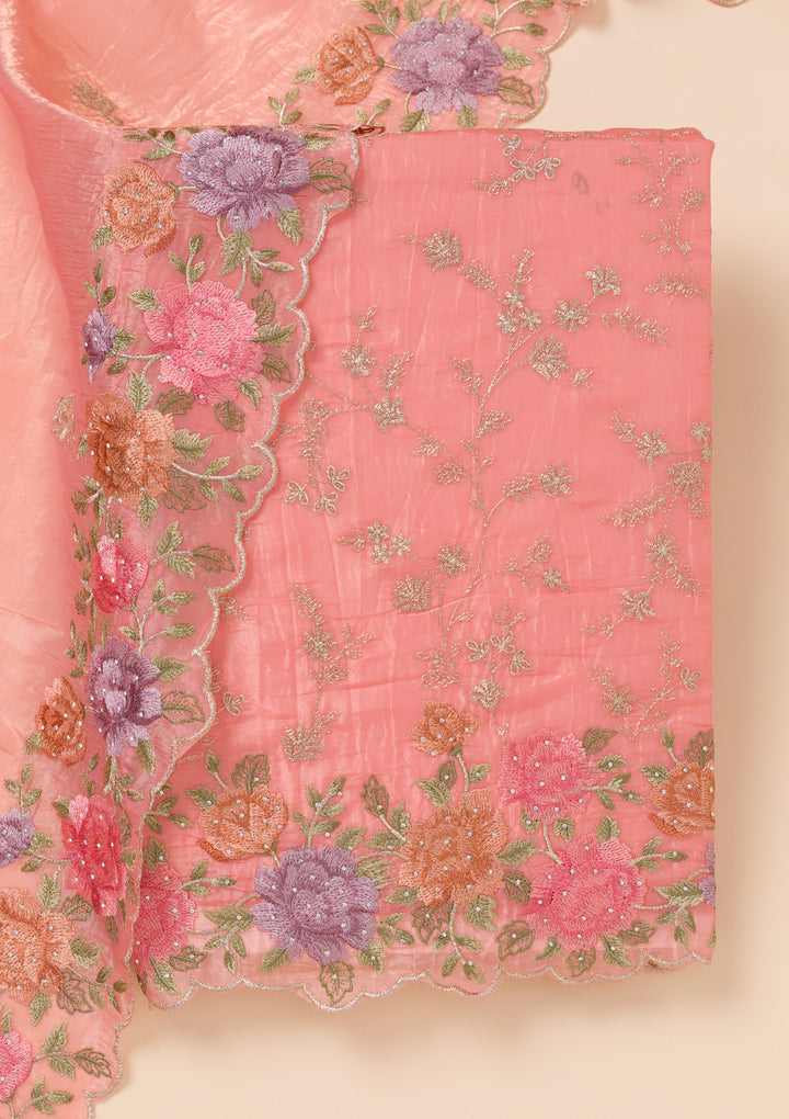 Peach Zariwork Semi Crepe Unstitched Salwar Suit