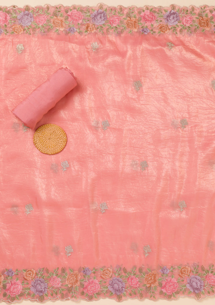 Peach Zariwork Semi Crepe Unstitched Salwar Suit