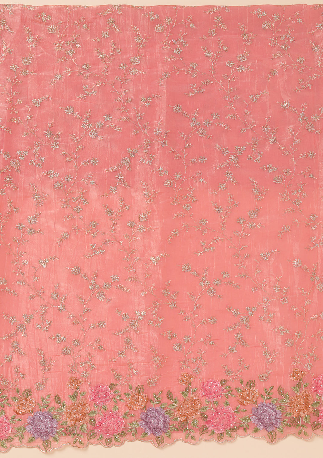 Peach Zariwork Semi Crepe Unstitched Salwar Suit