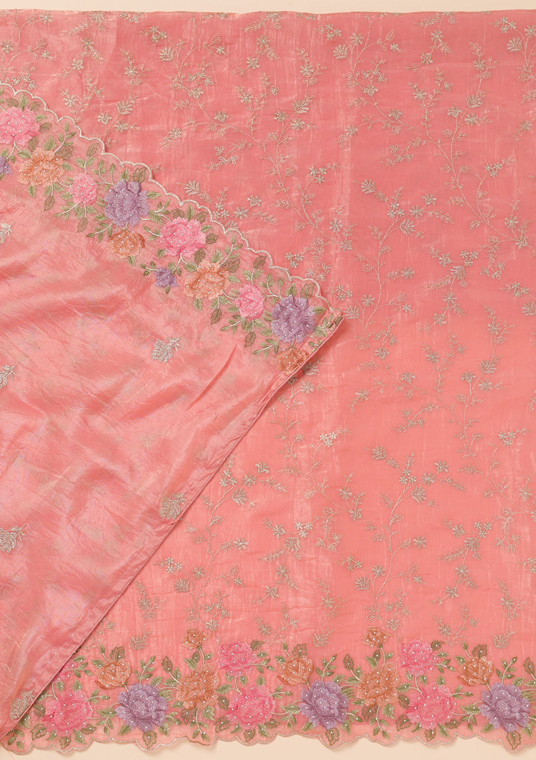 Peach Zariwork Semi Crepe Unstitched Salwar Suit