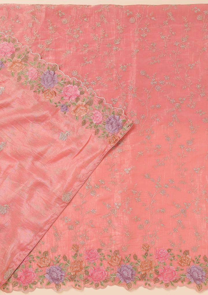Peach Zariwork Semi Crepe Unstitched Salwar Suit