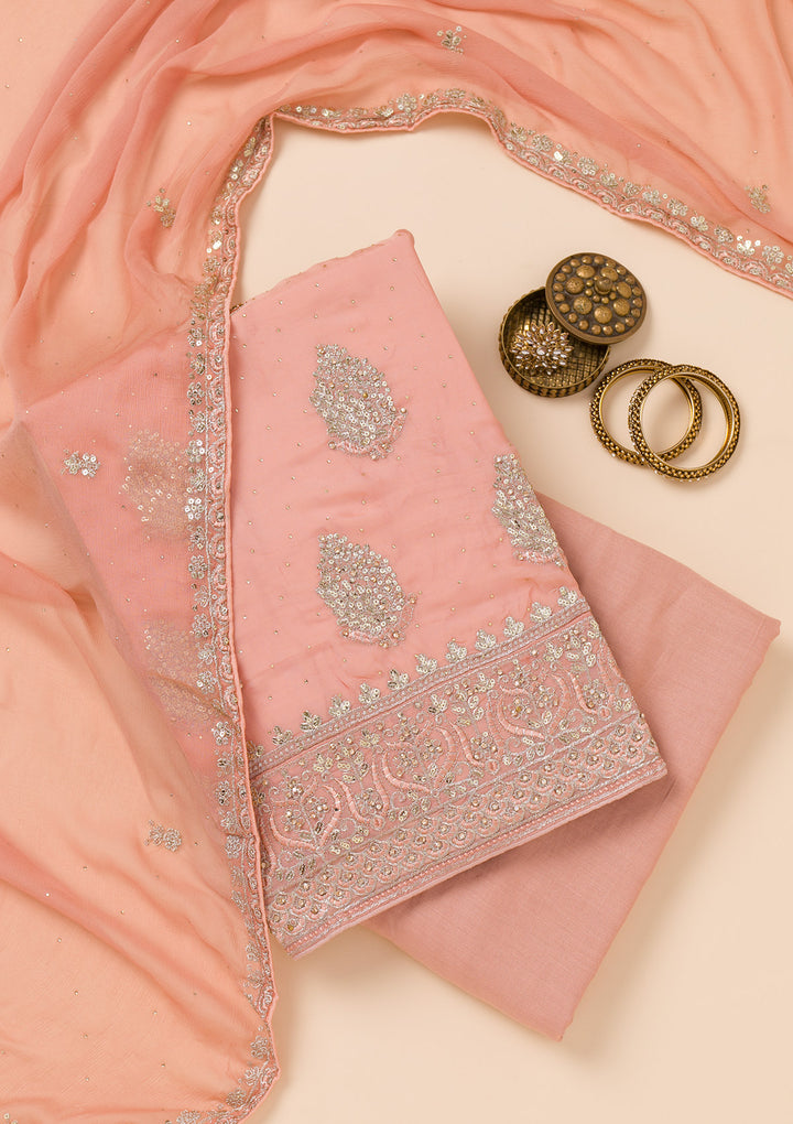 Peach Zariwork Semi Crepe Unstitched Salwar Suit