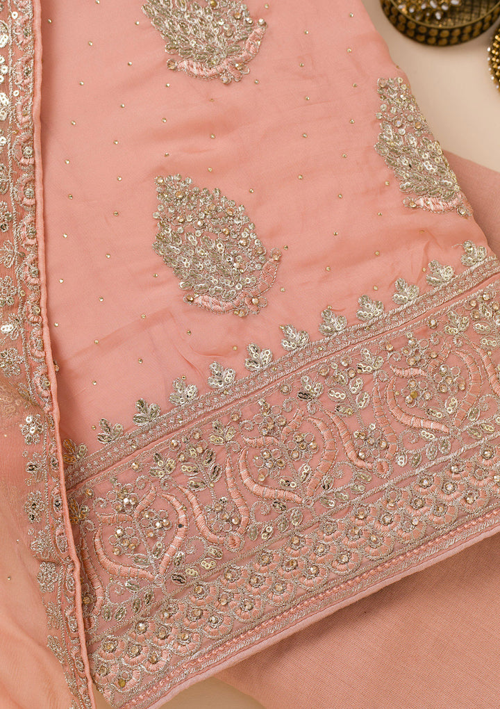 Peach Zariwork Semi Crepe Unstitched Salwar Suit