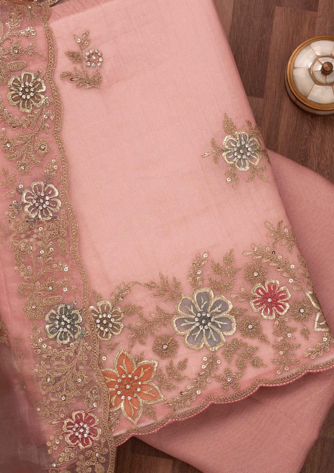 Peach Zariwork Semi Crepe Unstitched Salwar Suit