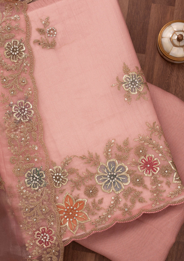 Peach Zariwork Semi Crepe Unstitched Salwar Suit