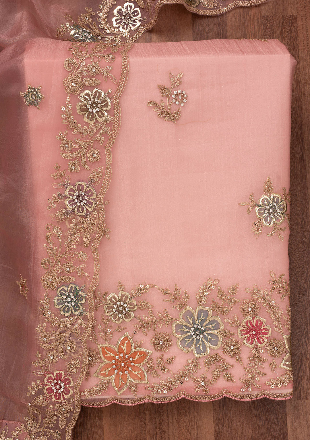 Peach Zariwork Semi Crepe Unstitched Salwar Suit