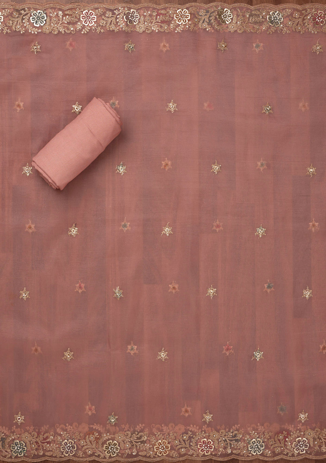 Peach Zariwork Semi Crepe Unstitched Salwar Suit