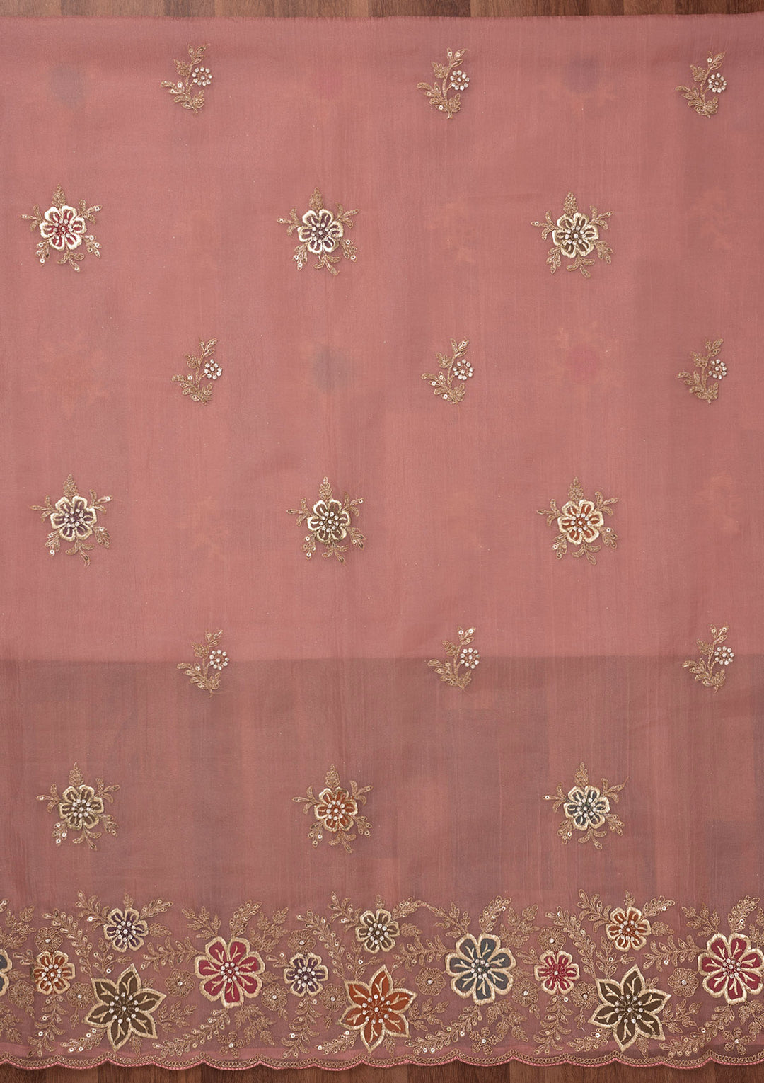 Peach Zariwork Semi Crepe Unstitched Salwar Suit