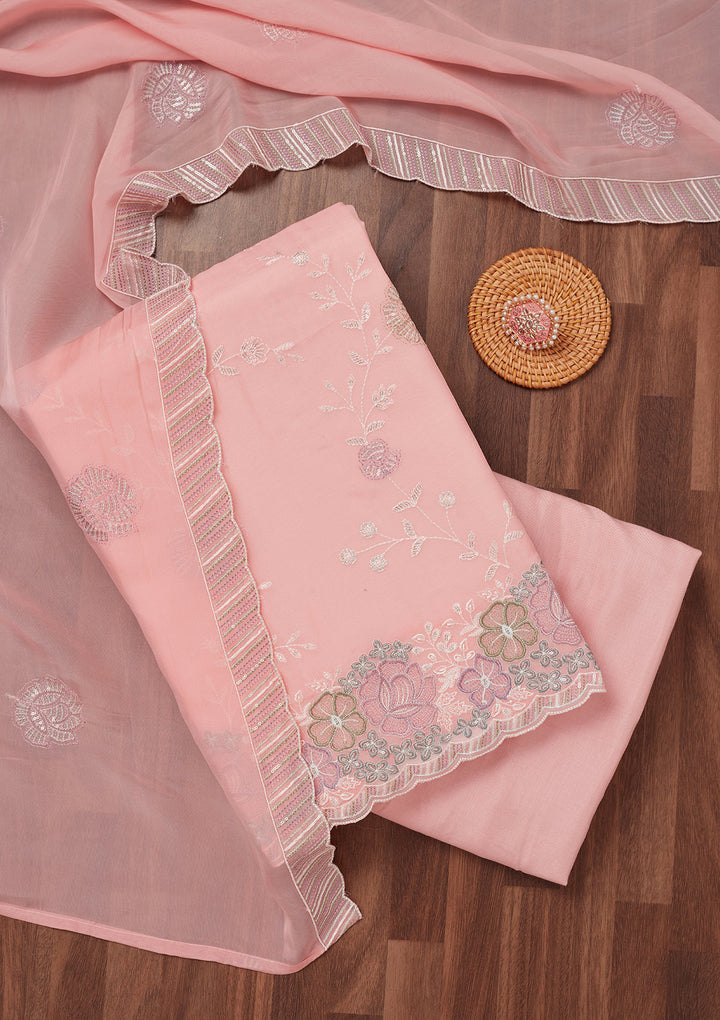 Peach Zariwork Semi Crepe Unstitched Salwar Suit