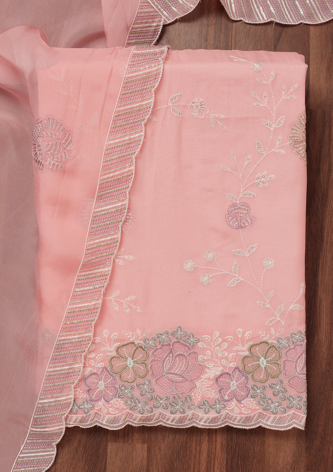 Peach Zariwork Semi Crepe Unstitched Salwar Suit