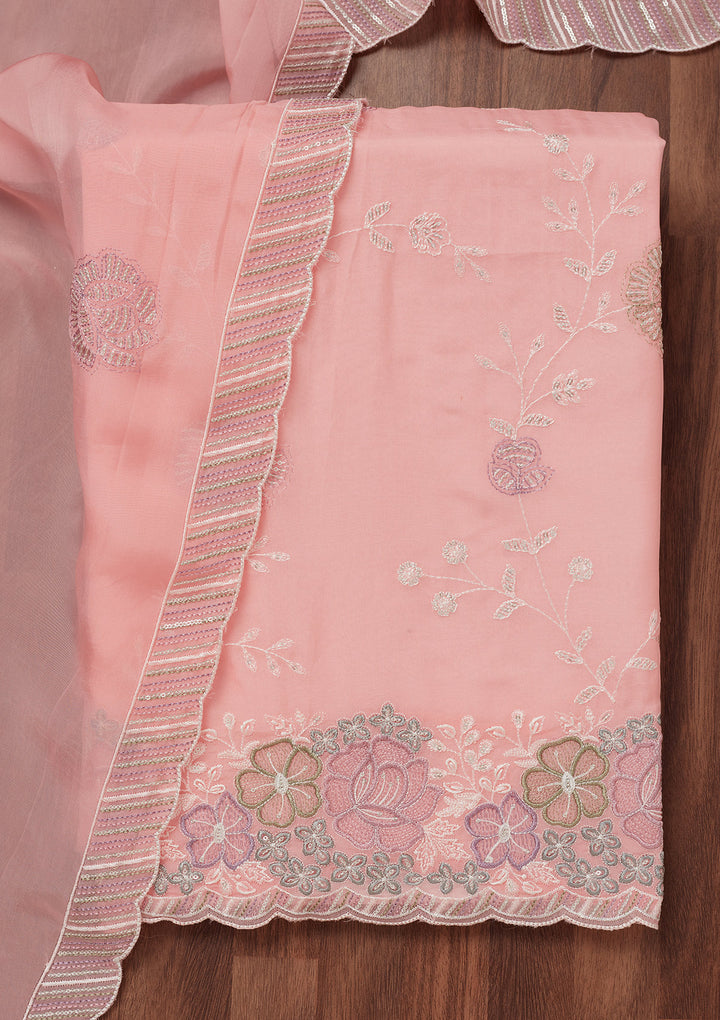 Peach Zariwork Semi Crepe Unstitched Salwar Suit