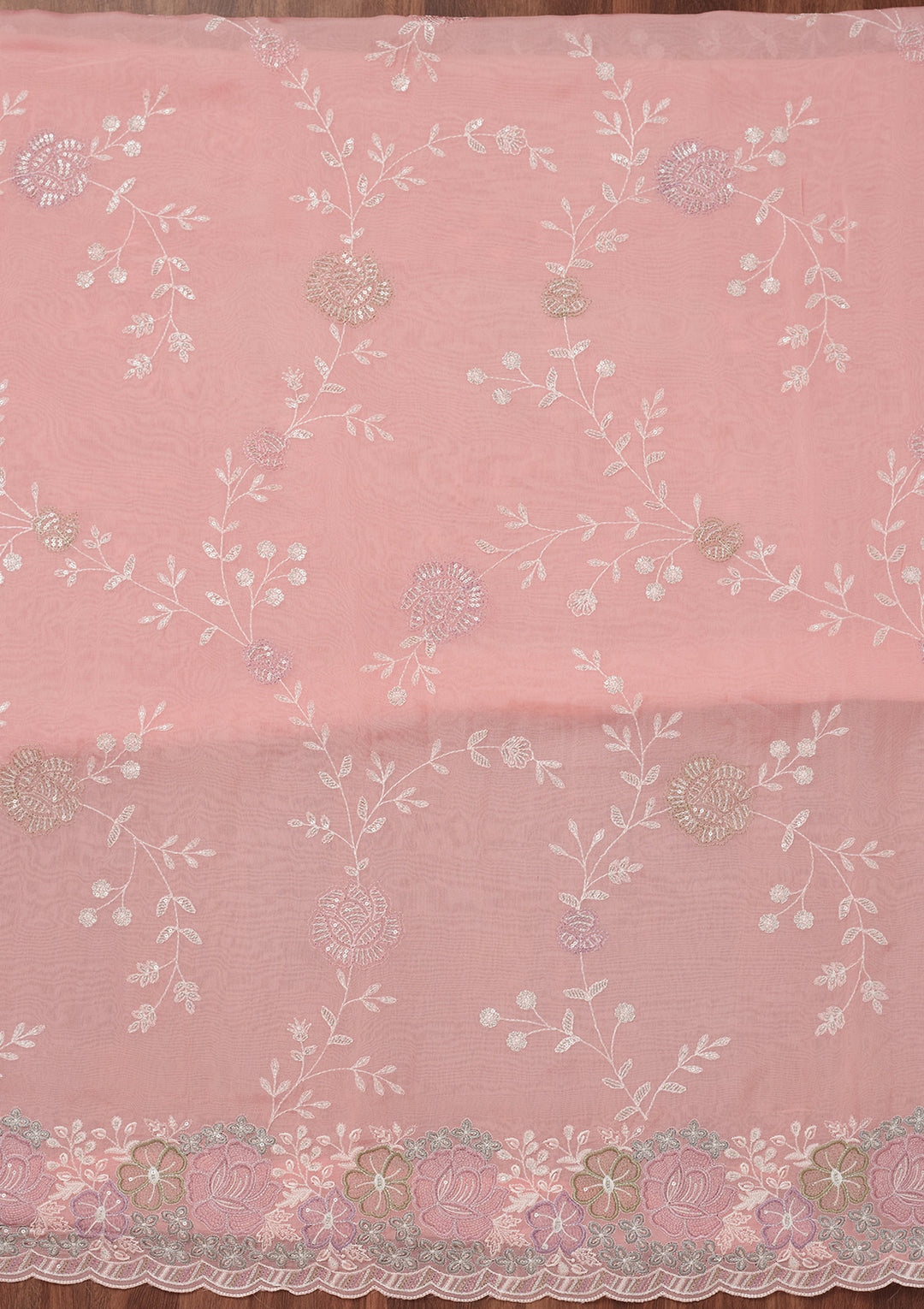 Peach Zariwork Semi Crepe Unstitched Salwar Suit