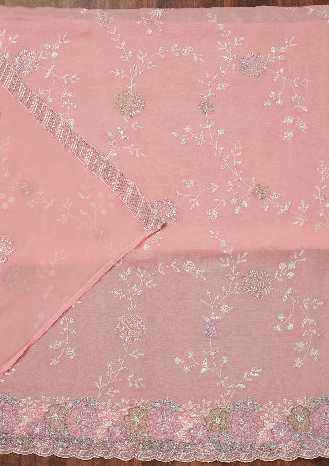 Peach Zariwork Semi Crepe Unstitched Salwar Suit