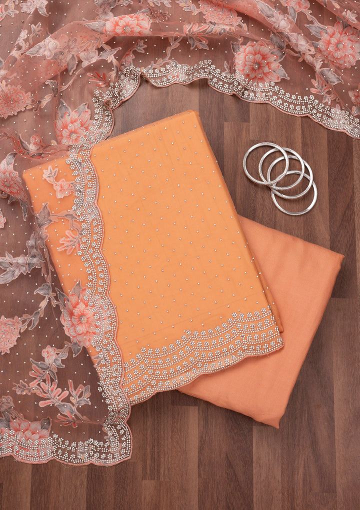 Peach Zariwork Semi Crepe Unstitched Salwar Suit