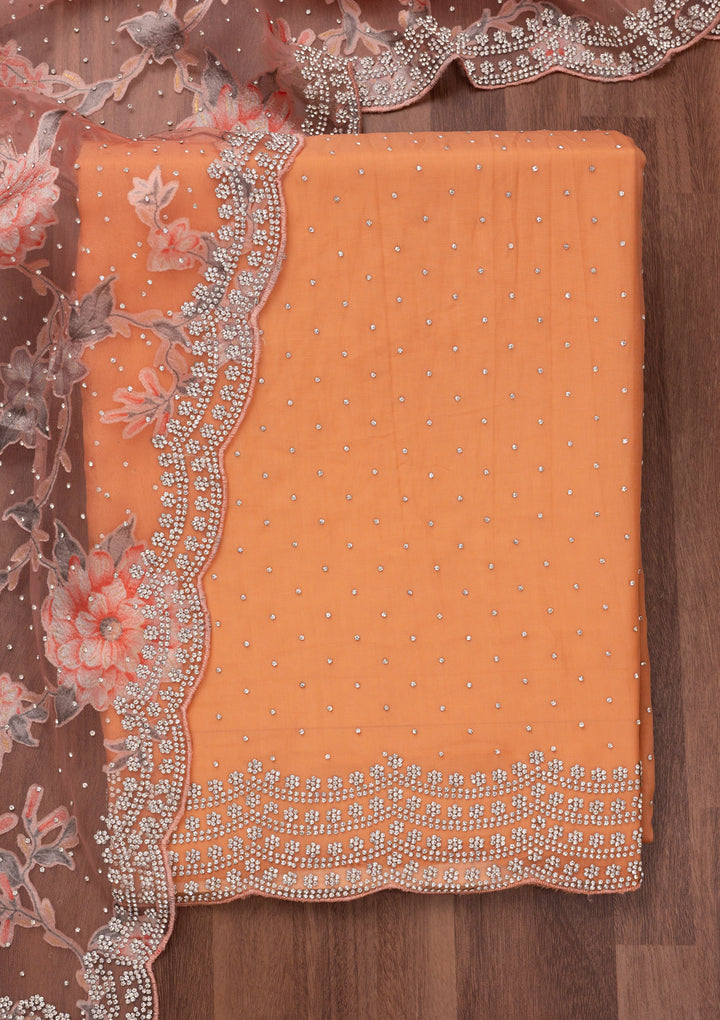 Peach Zariwork Semi Crepe Unstitched Salwar Suit